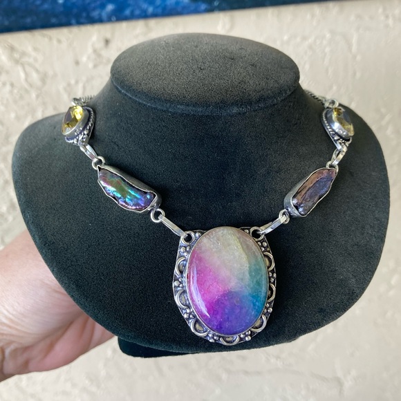 925 sterling silver overlay citrine black pearl Rainbow solar quartz necklace - Picture 3 of 15